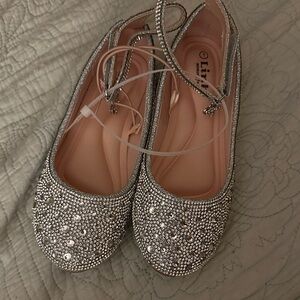 Link Girls Silver Sparkle Dress Flats with Ankle Strap